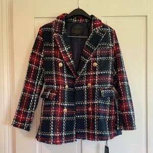 NWT Blank NYC Blue Red Plaid Fringe Hem Double Breasted Blazer XS